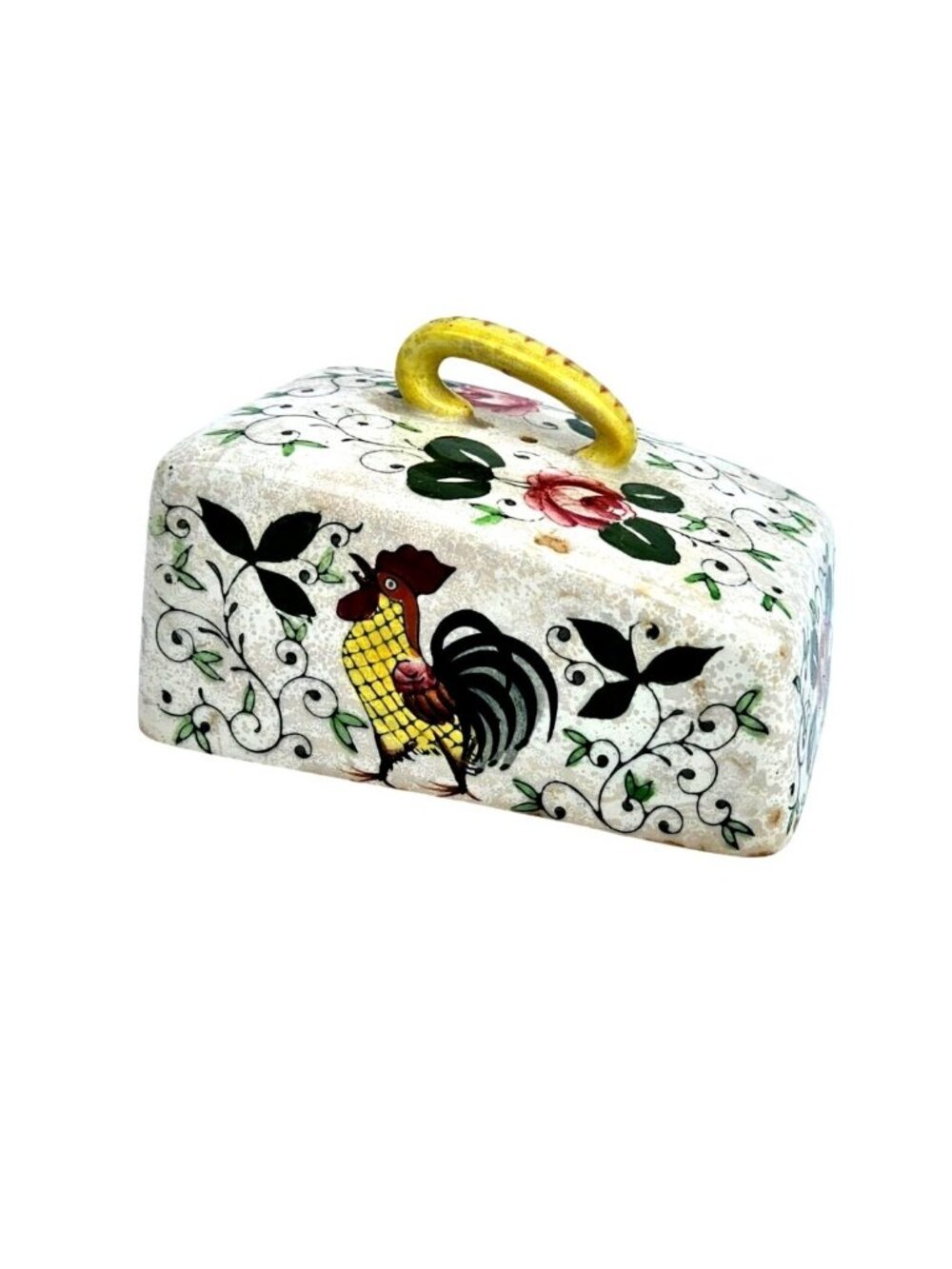 Vintage Ucagco Japan Early Provincial Rooster Roses Butter Dish Lid 50s Distress